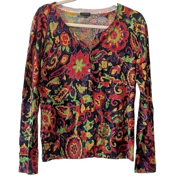 Talbots Floral Colorful Button Fall Cardigan Psychedelic Preppy Size Medium​ - Picture 1 of 9